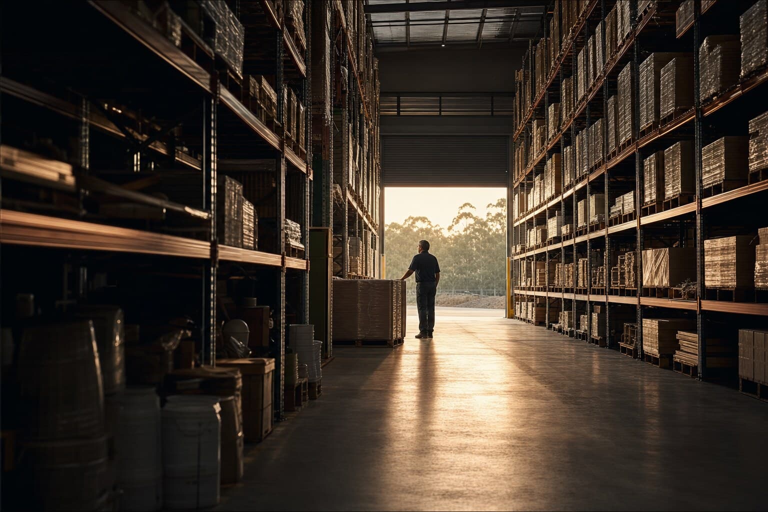 A warehouse aisle at dawn, racking running down to an open roller door, a figure standing in the light with a hand on a pallet